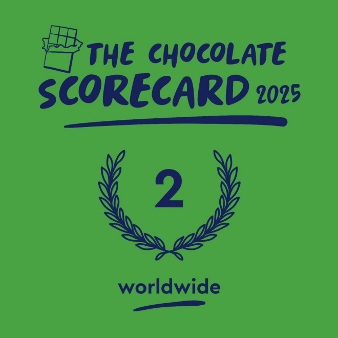 Ranked 2 worldwide in the Chocolate Scorecard 2025, shown with a laurel wreath on a green background.